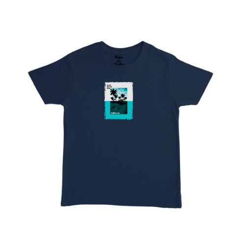 טי שירט עם איור חוף דקלים וים בסגנון קליפורניה בצבע כחול נייבי