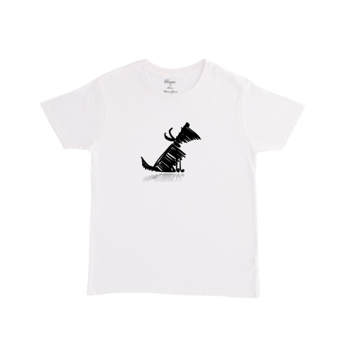 חולצת טי לבנה עם איור כלב אבסטרקטי בשחור בסגנון מודרני